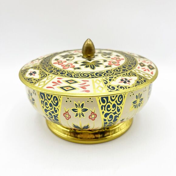 Vintage Crown Derby Floral Gold Tone Tin Tea Biscuit Candy Sewing Round England - Picture 1 of 13